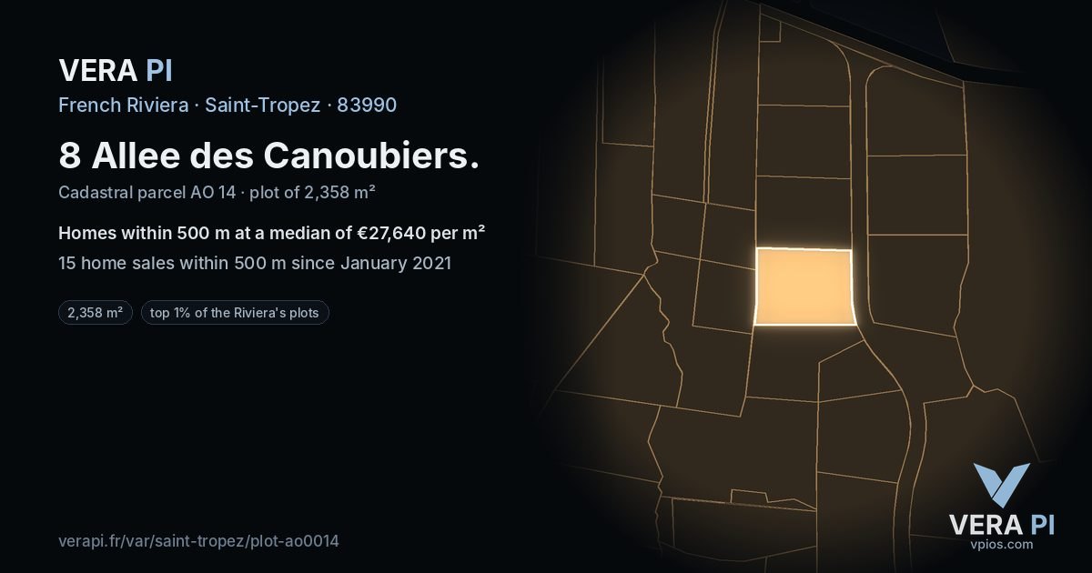 8 Allee des Canoubiers, Saint-Tropez at night – the plot lit, the parcels around coloured by the prices near them