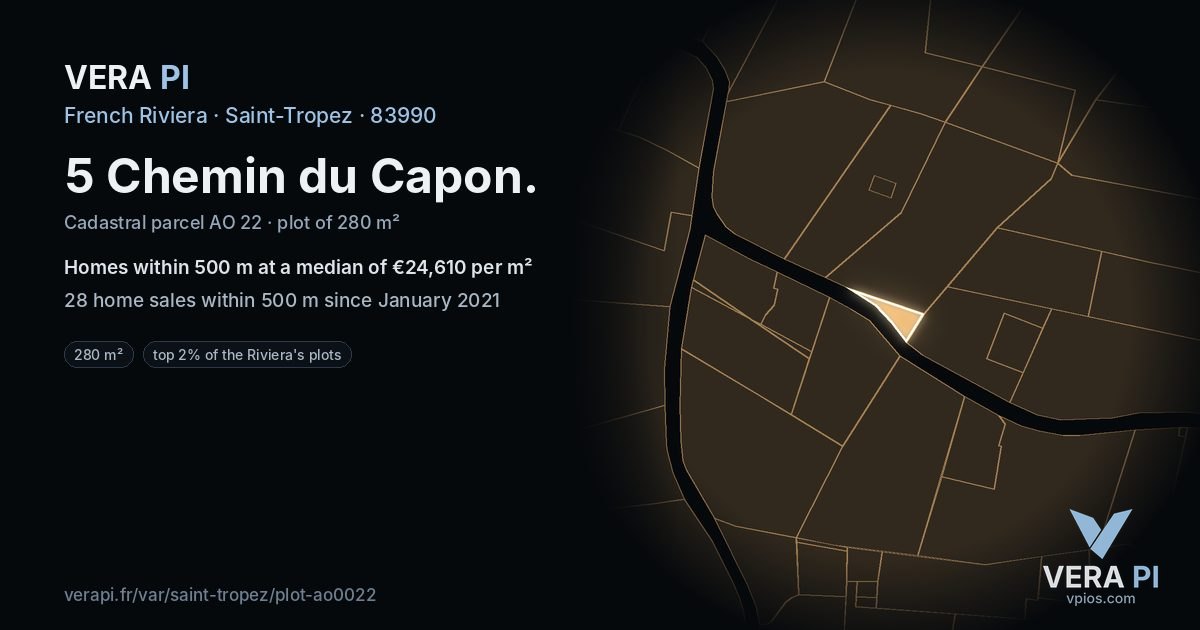 5 Chemin du Capon, Saint-Tropez at night – the plot lit, the parcels around coloured by the prices near them