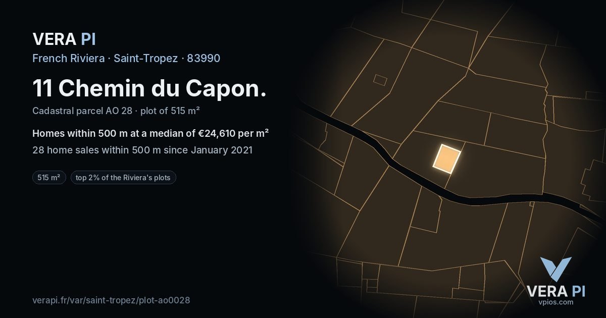 11 Chemin du Capon, Saint-Tropez at night – the plot lit, the parcels around coloured by the prices near them