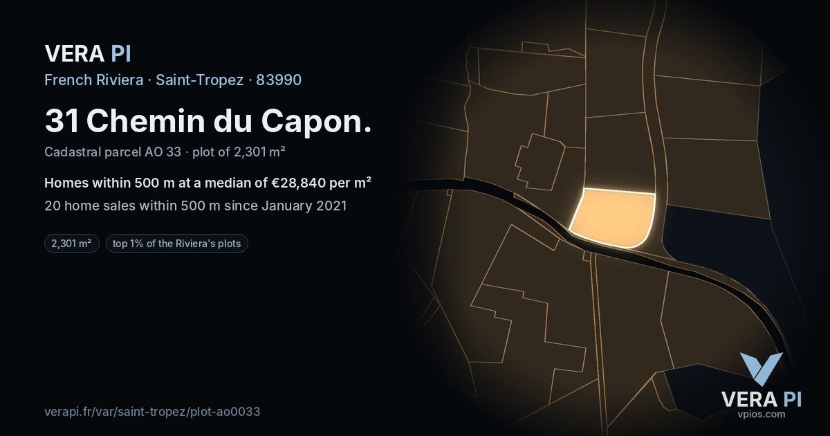 31 Chemin du Capon, Saint-Tropez at night – the plot lit, the parcels around coloured by the prices near them