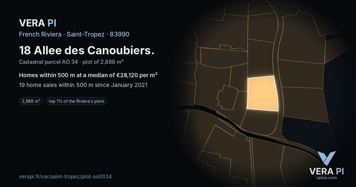 18 Allee des Canoubiers, Saint-Tropez at night – the plot lit, the parcels around coloured by the prices near them