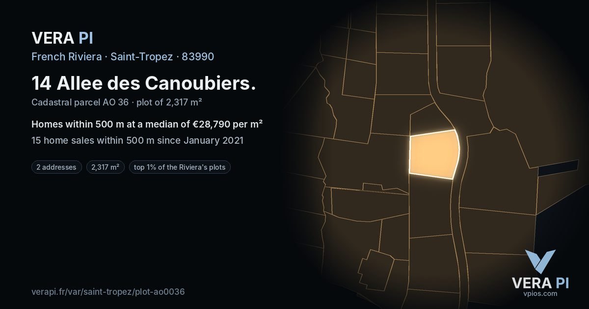 14 Allee des Canoubiers, Saint-Tropez at night – the plot lit, the parcels around coloured by the prices near them