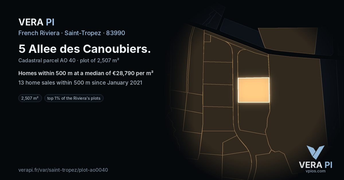 5 Allee des Canoubiers, Saint-Tropez at night – the plot lit, the parcels around coloured by the prices near them