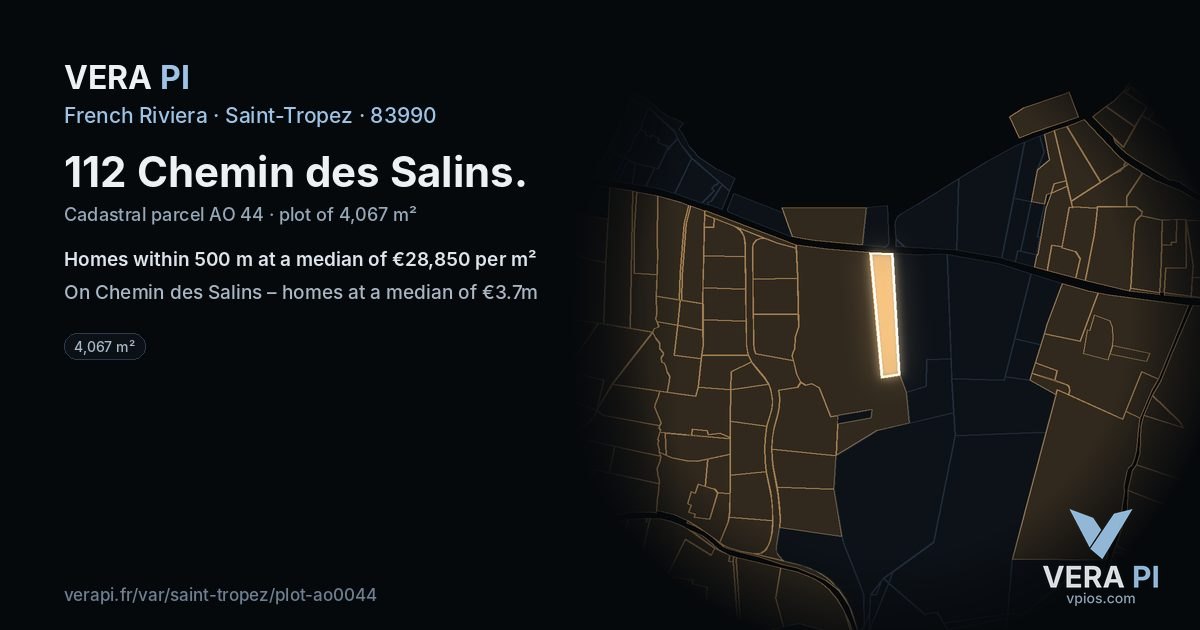 112 Chemin des Salins, Saint-Tropez at night – the plot lit, the parcels around coloured by the prices near them