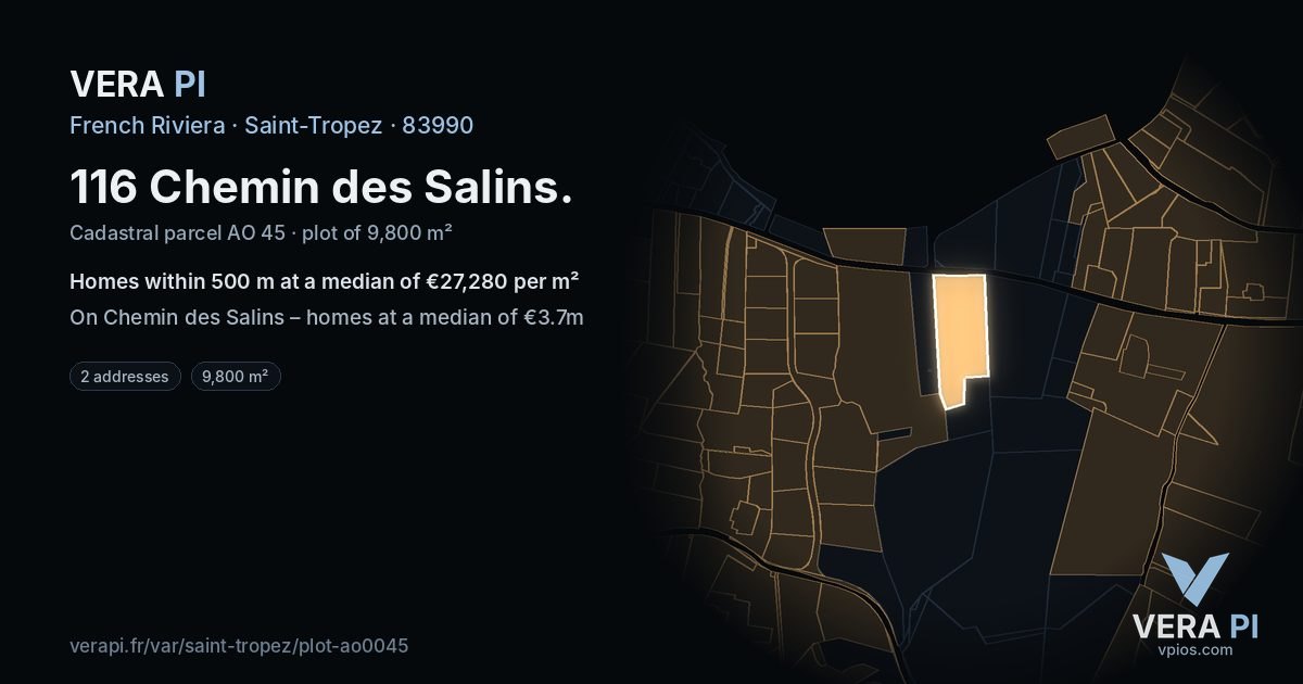 116 Chemin des Salins, Saint-Tropez at night – the plot lit, the parcels around coloured by the prices near them
