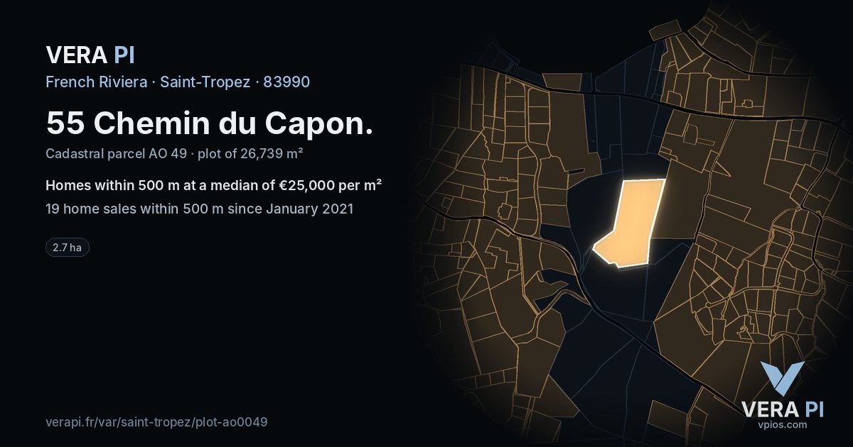 55 Chemin du Capon, Saint-Tropez at night – the plot lit, the parcels around coloured by the prices near them