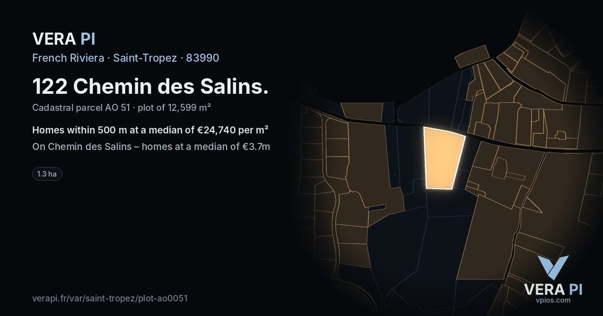 122 Chemin des Salins, Saint-Tropez at night – the plot lit, the parcels around coloured by the prices near them