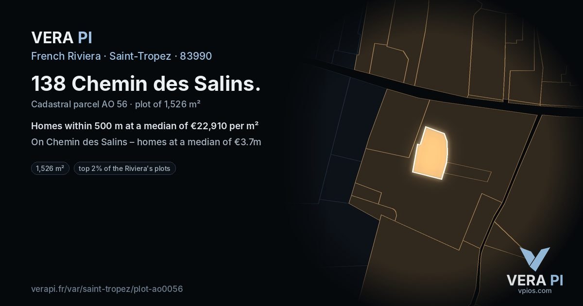 138 Chemin des Salins, Saint-Tropez at night – the plot lit, the parcels around coloured by the prices near them