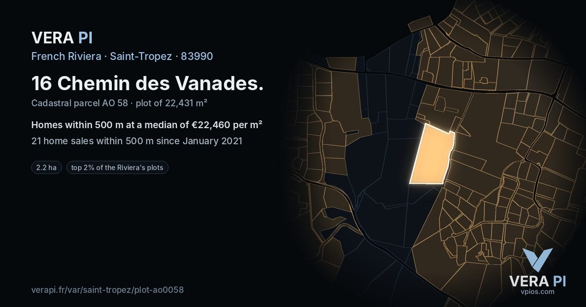 16 Chemin des Vanades, Saint-Tropez at night – the plot lit, the parcels around coloured by the prices near them