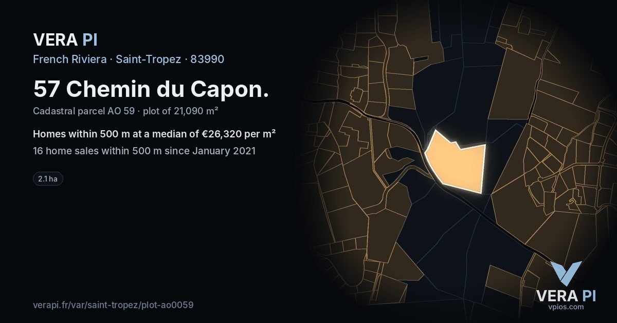 57 Chemin du Capon, Saint-Tropez at night – the plot lit, the parcels around coloured by the prices near them