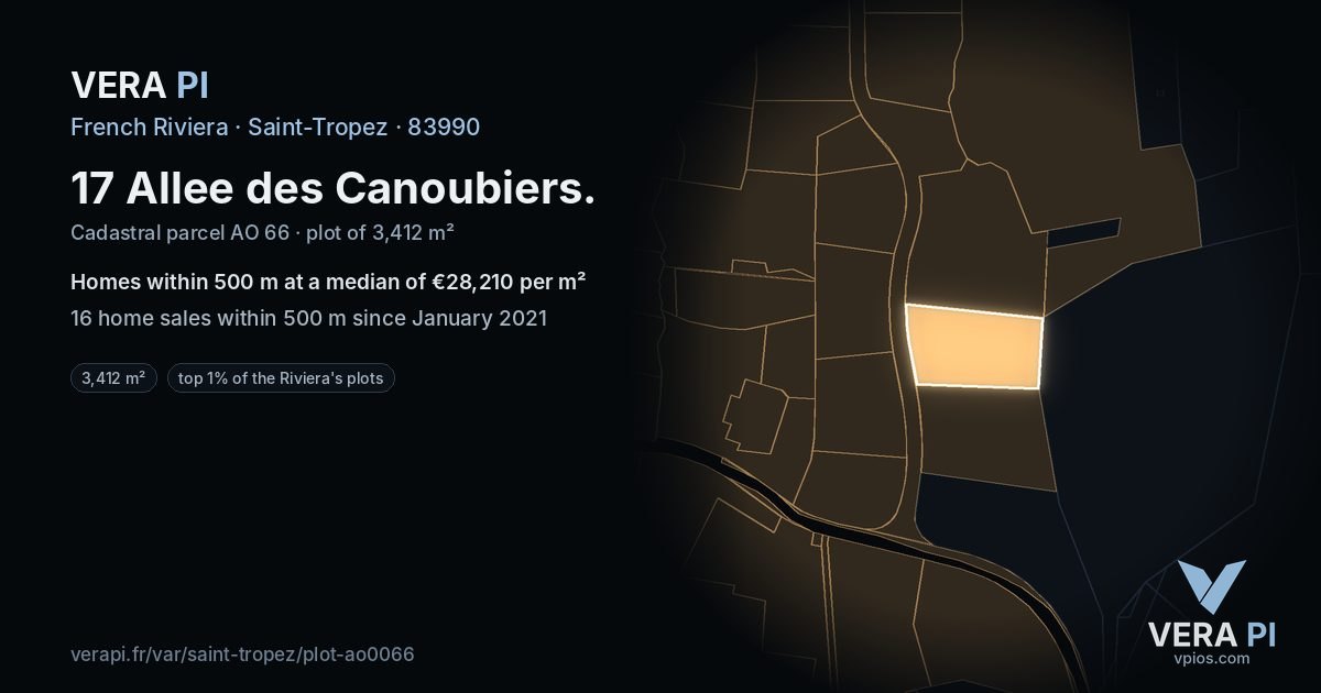 17 Allee des Canoubiers, Saint-Tropez at night – the plot lit, the parcels around coloured by the prices near them