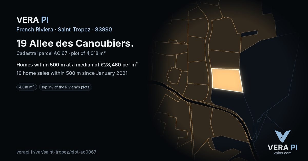 19 Allee des Canoubiers, Saint-Tropez at night – the plot lit, the parcels around coloured by the prices near them