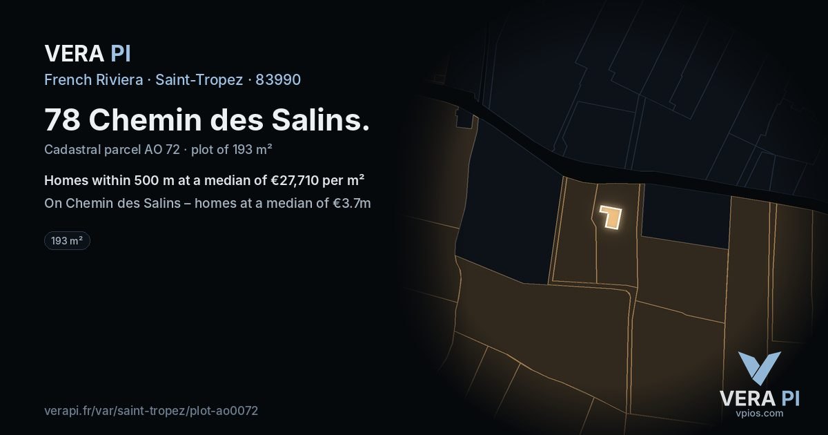 78 Chemin des Salins, Saint-Tropez at night – the plot lit, the parcels around coloured by the prices near them