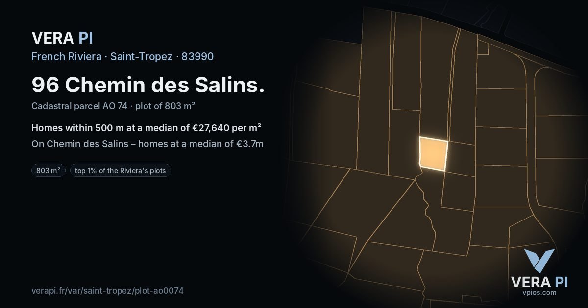 96 Chemin des Salins, Saint-Tropez at night – the plot lit, the parcels around coloured by the prices near them