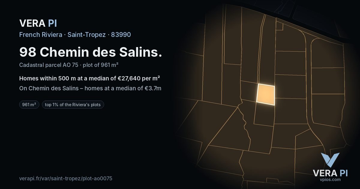 98 Chemin des Salins, Saint-Tropez at night – the plot lit, the parcels around coloured by the prices near them