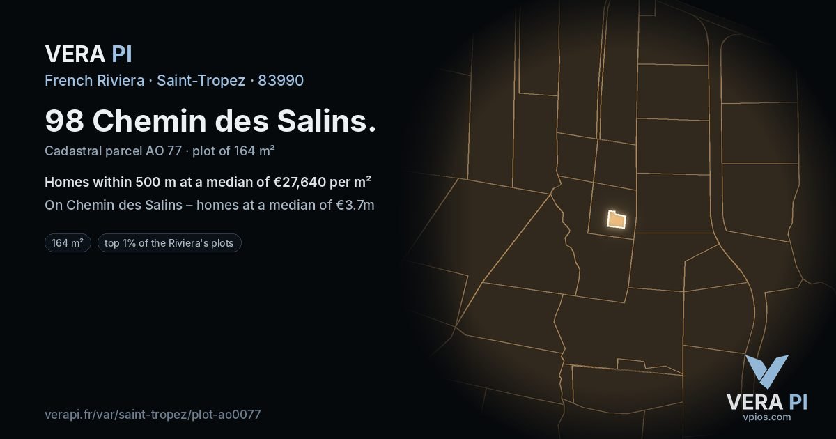 98 Chemin des Salins, Saint-Tropez at night – the plot lit, the parcels around coloured by the prices near them