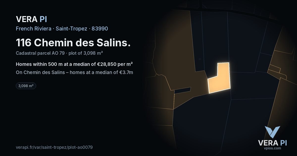 116 Chemin des Salins, Saint-Tropez at night – the plot lit, the parcels around coloured by the prices near them