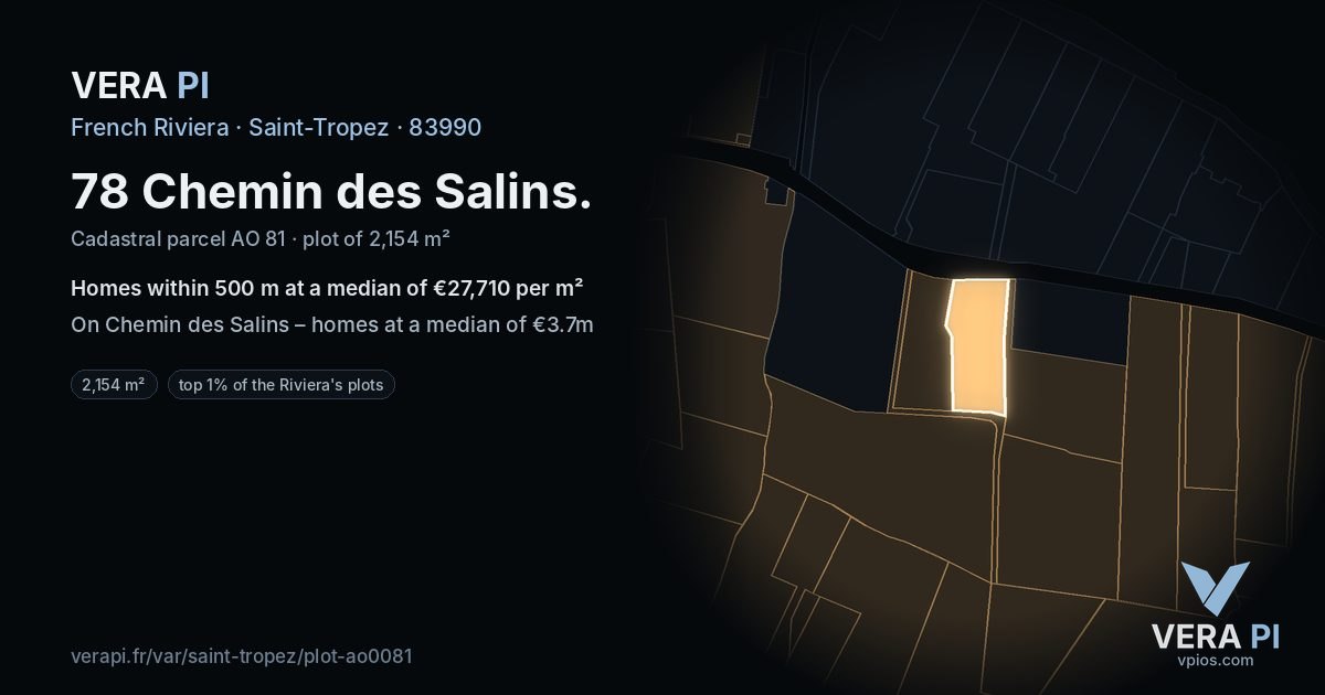 78 Chemin des Salins, Saint-Tropez at night – the plot lit, the parcels around coloured by the prices near them