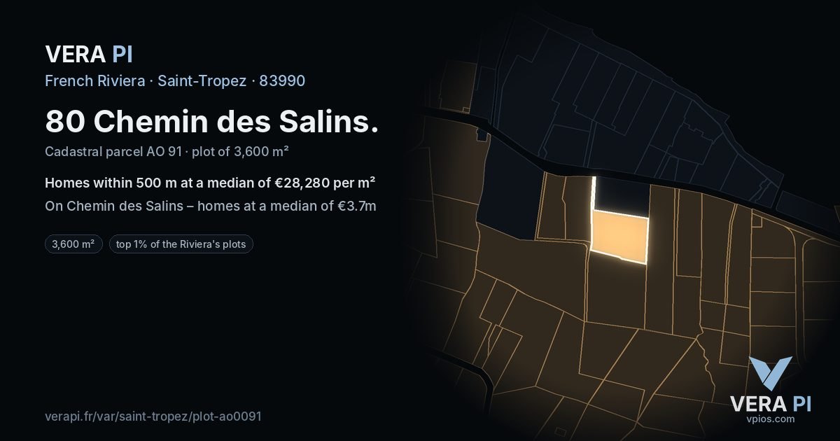 80 Chemin des Salins, Saint-Tropez at night – the plot lit, the parcels around coloured by the prices near them