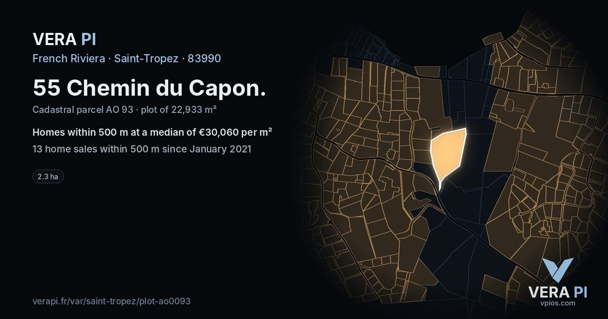 55 Chemin du Capon, Saint-Tropez at night – the plot lit, the parcels around coloured by the prices near them