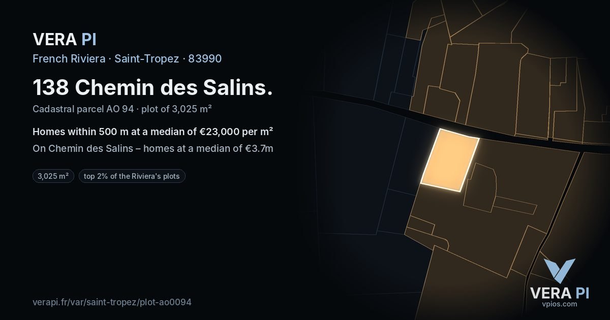 138 Chemin des Salins, Saint-Tropez at night – the plot lit, the parcels around coloured by the prices near them