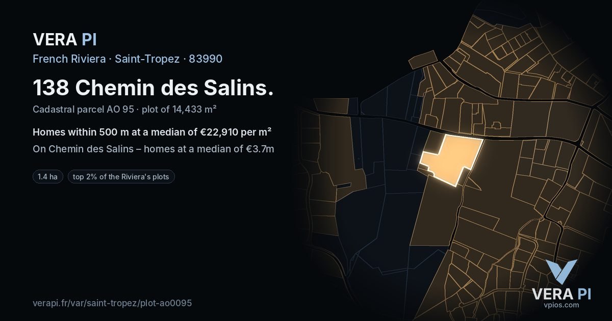 138 Chemin des Salins, Saint-Tropez at night – the plot lit, the parcels around coloured by the prices near them