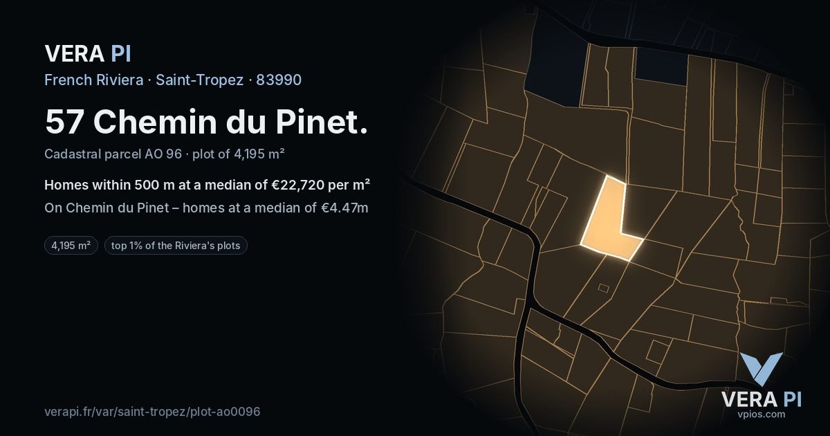 57 Chemin du Pinet, Saint-Tropez at night – the plot lit, the parcels around coloured by the prices near them