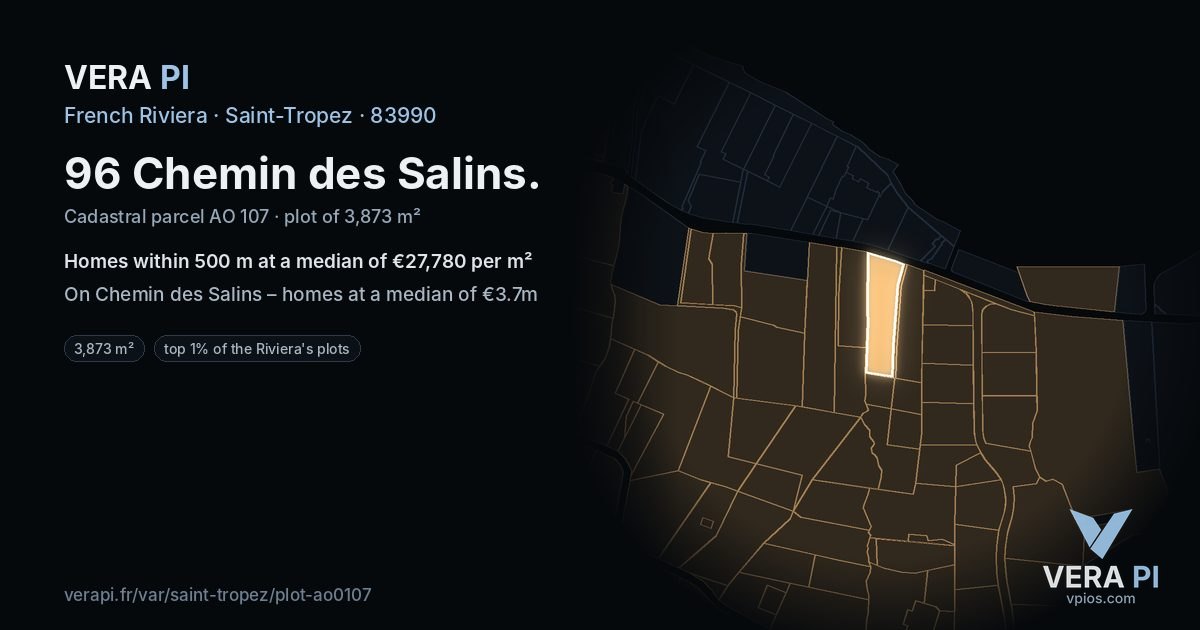 96 Chemin des Salins, Saint-Tropez at night – the plot lit, the parcels around coloured by the prices near them