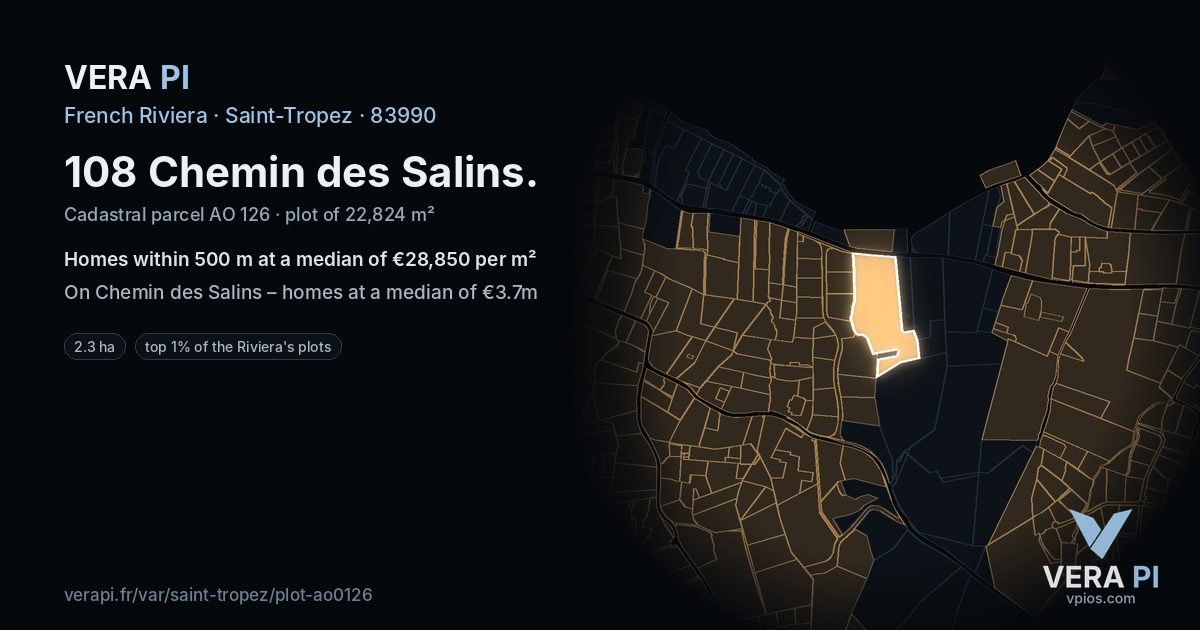 108 Chemin des Salins, Saint-Tropez at night – the plot lit, the parcels around coloured by the prices near them