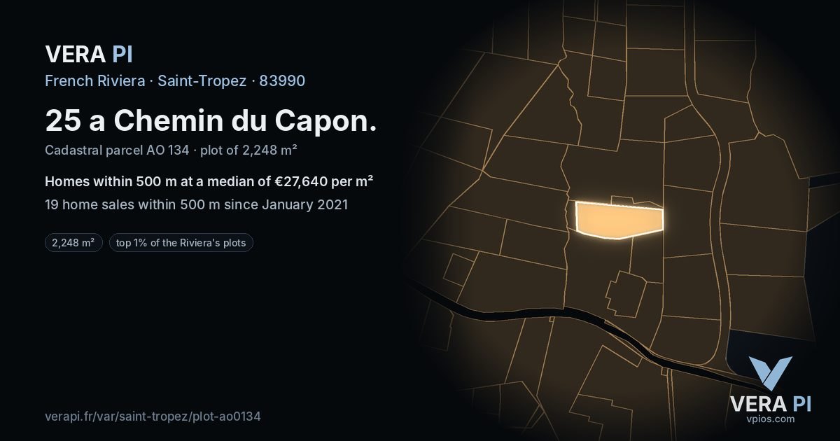 25 a Chemin du Capon, Saint-Tropez at night – the plot lit, the parcels around coloured by the prices near them