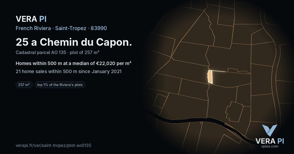 25 a Chemin du Capon, Saint-Tropez at night – the plot lit, the parcels around coloured by the prices near them