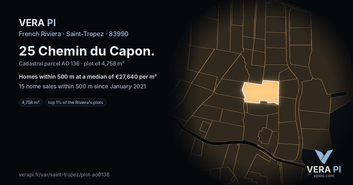 25 Chemin du Capon, Saint-Tropez at night – the plot lit, the parcels around coloured by the prices near them