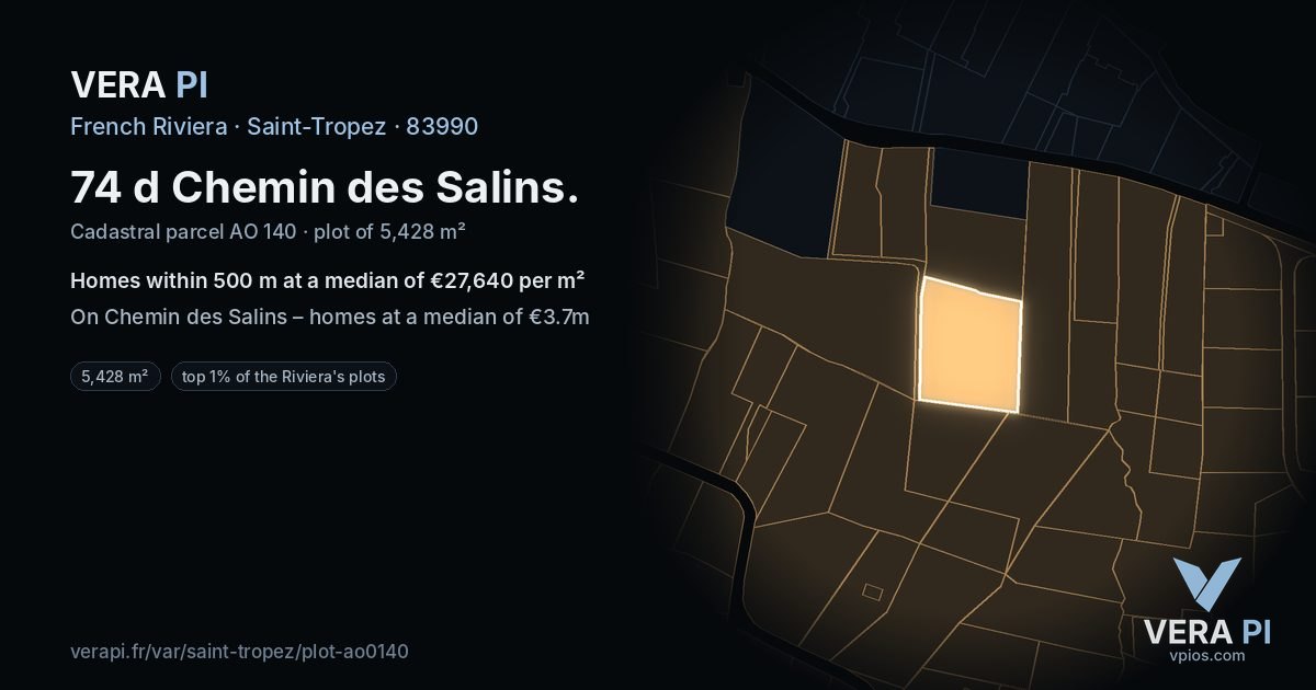 74 d Chemin des Salins, Saint-Tropez at night – the plot lit, the parcels around coloured by the prices near them