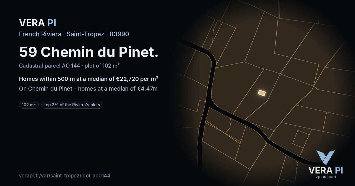 59 Chemin du Pinet, Saint-Tropez at night – the plot lit, the parcels around coloured by the prices near them