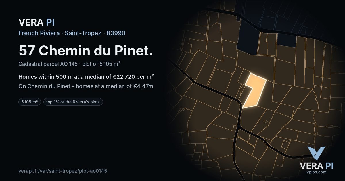 57 Chemin du Pinet, Saint-Tropez at night – the plot lit, the parcels around coloured by the prices near them
