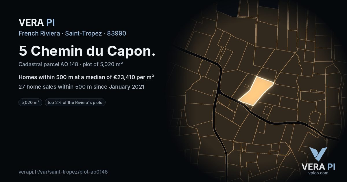 5 Chemin du Capon, Saint-Tropez at night – the plot lit, the parcels around coloured by the prices near them