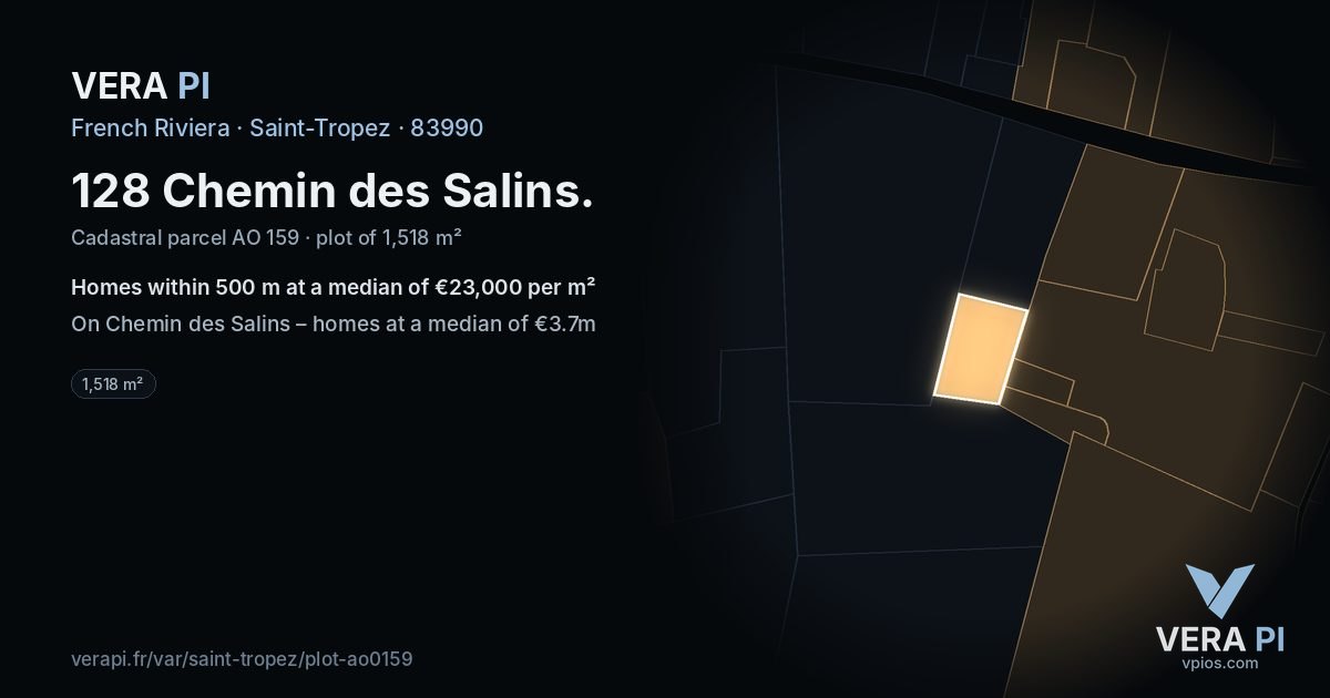 128 Chemin des Salins, Saint-Tropez at night – the plot lit, the parcels around coloured by the prices near them