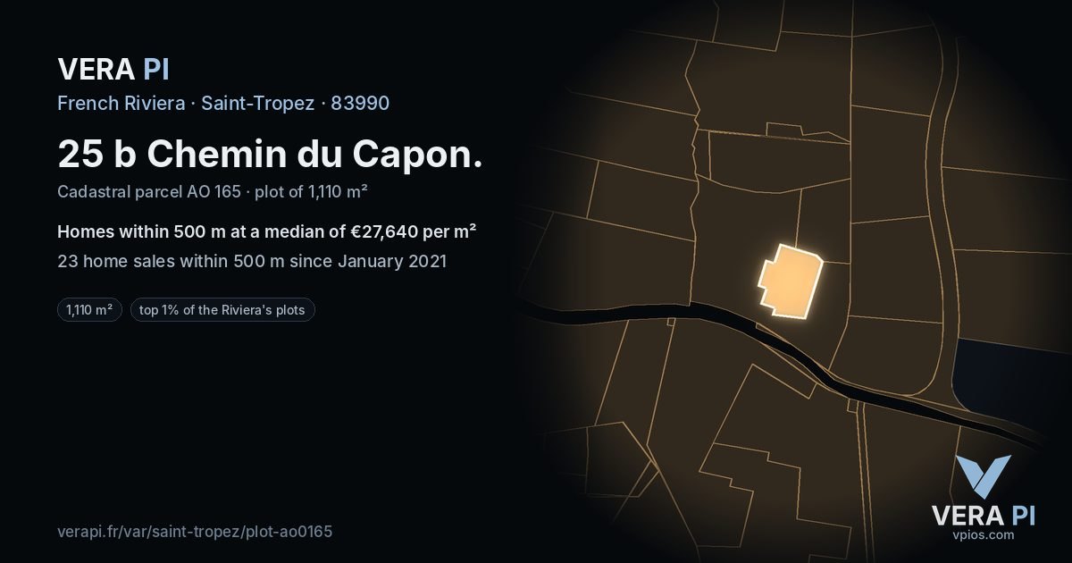 25 b Chemin du Capon, Saint-Tropez at night – the plot lit, the parcels around coloured by the prices near them