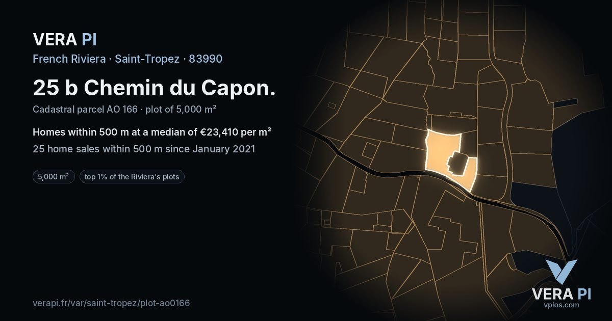 25 b Chemin du Capon, Saint-Tropez at night – the plot lit, the parcels around coloured by the prices near them