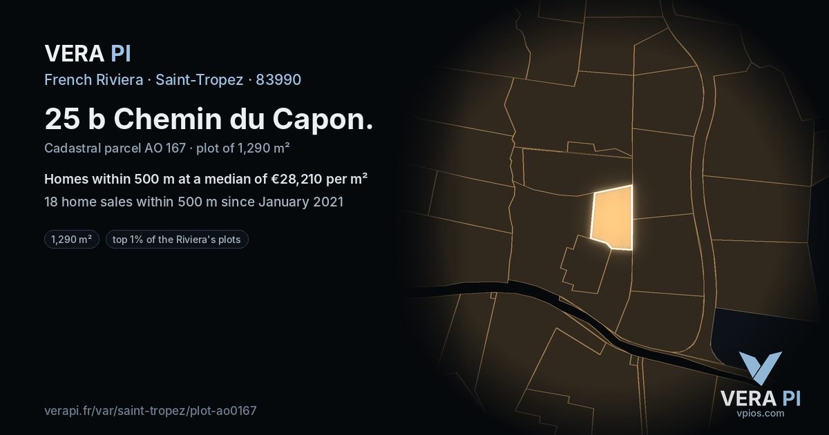 25 b Chemin du Capon, Saint-Tropez at night – the plot lit, the parcels around coloured by the prices near them