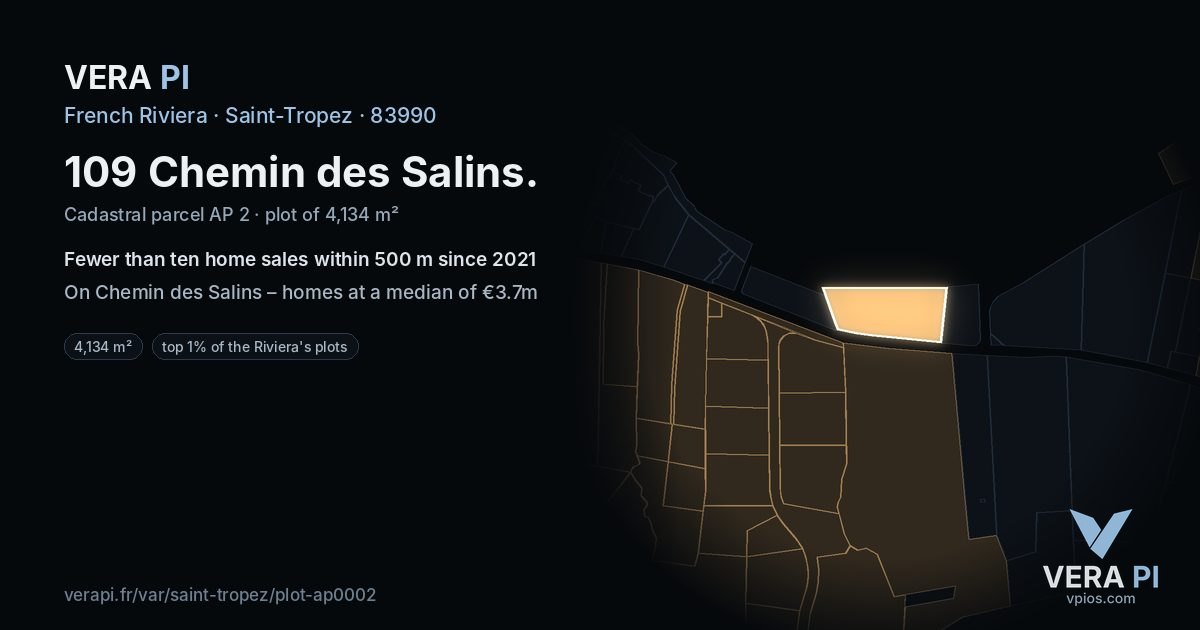 109 Chemin des Salins, Saint-Tropez at night – the plot lit, the parcels around coloured by the prices near them