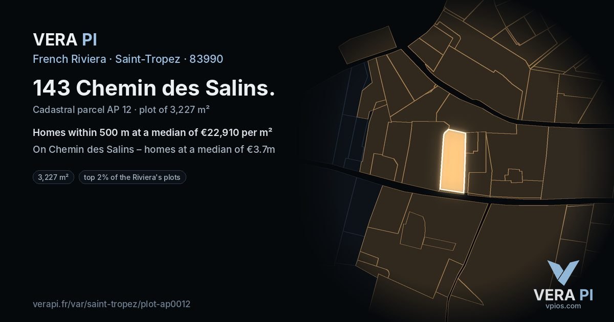 143 Chemin des Salins, Saint-Tropez at night – the plot lit, the parcels around coloured by the prices near them