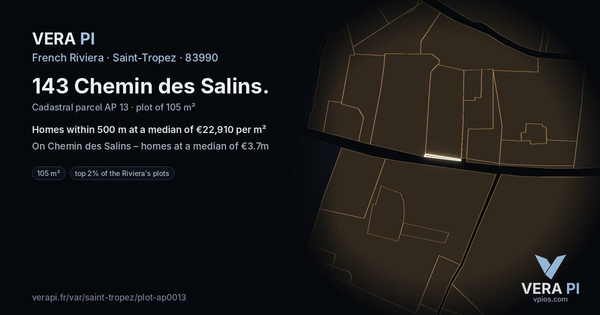 143 Chemin des Salins, Saint-Tropez at night – the plot lit, the parcels around coloured by the prices near them
