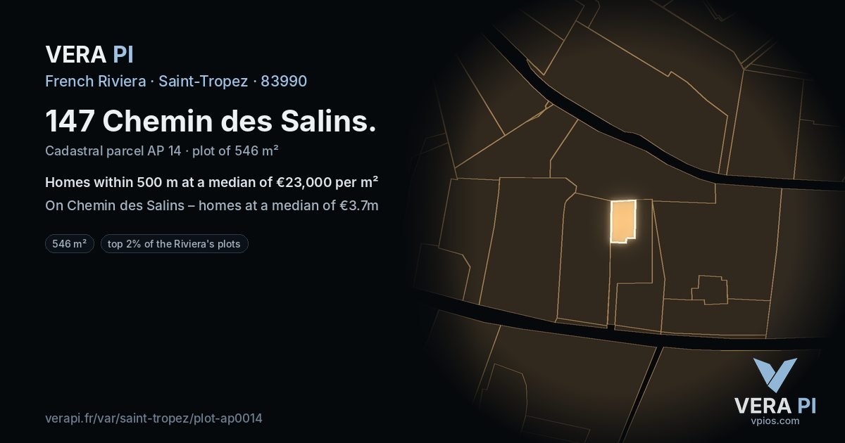 147 Chemin des Salins, Saint-Tropez at night – the plot lit, the parcels around coloured by the prices near them