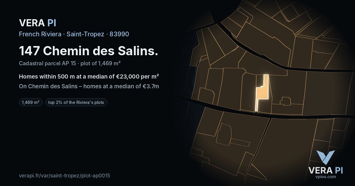 147 Chemin des Salins, Saint-Tropez at night – the plot lit, the parcels around coloured by the prices near them