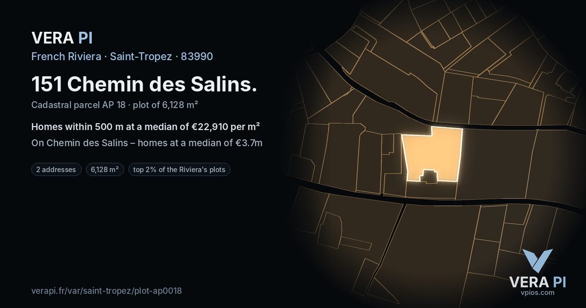 151 Chemin des Salins, Saint-Tropez at night – the plot lit, the parcels around coloured by the prices near them