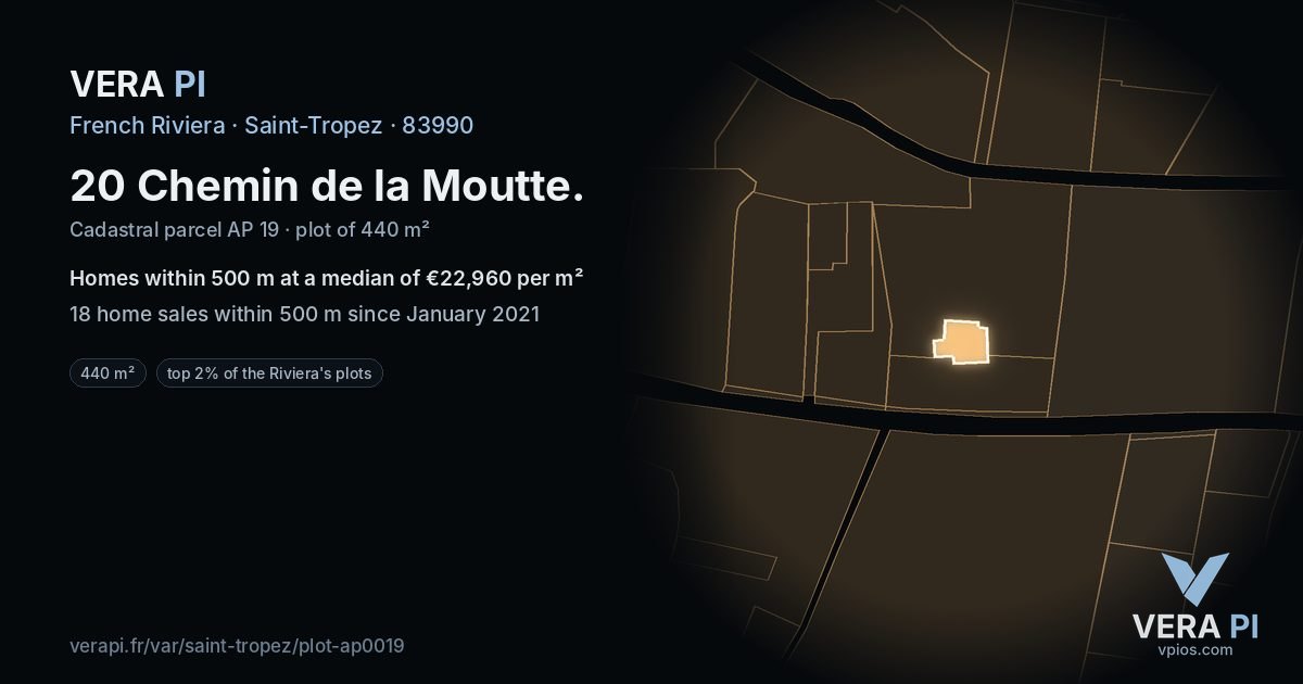 20 Chemin de la Moutte, Saint-Tropez at night – the plot lit, the parcels around coloured by the prices near them