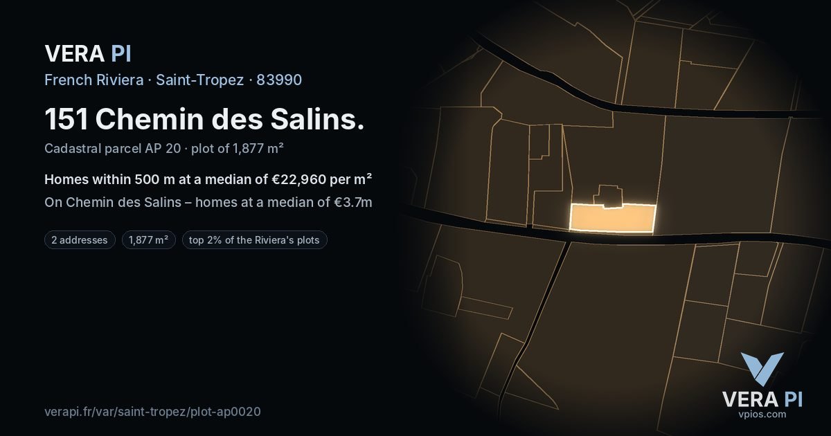 151 Chemin des Salins, Saint-Tropez at night – the plot lit, the parcels around coloured by the prices near them