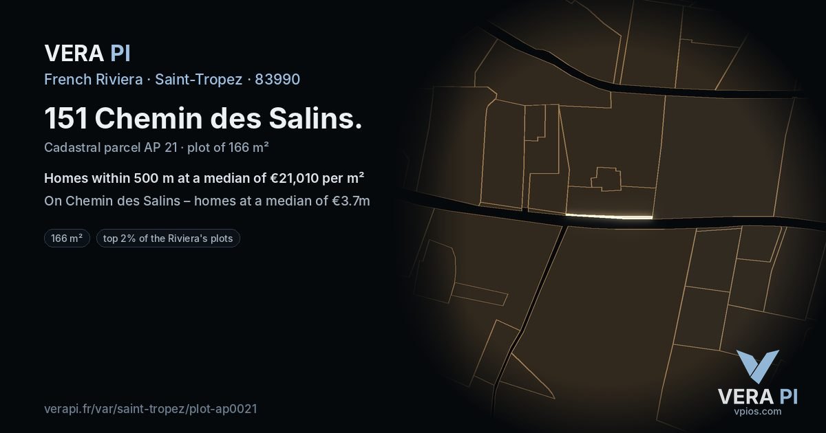 151 Chemin des Salins, Saint-Tropez at night – the plot lit, the parcels around coloured by the prices near them