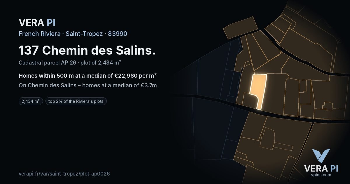137 Chemin des Salins, Saint-Tropez at night – the plot lit, the parcels around coloured by the prices near them